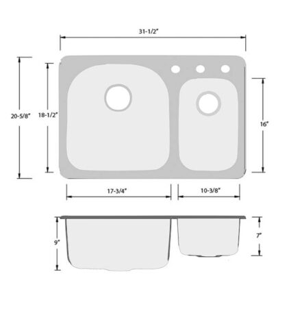 Kitchen Sink OD3120-9-7 3H-Drawing